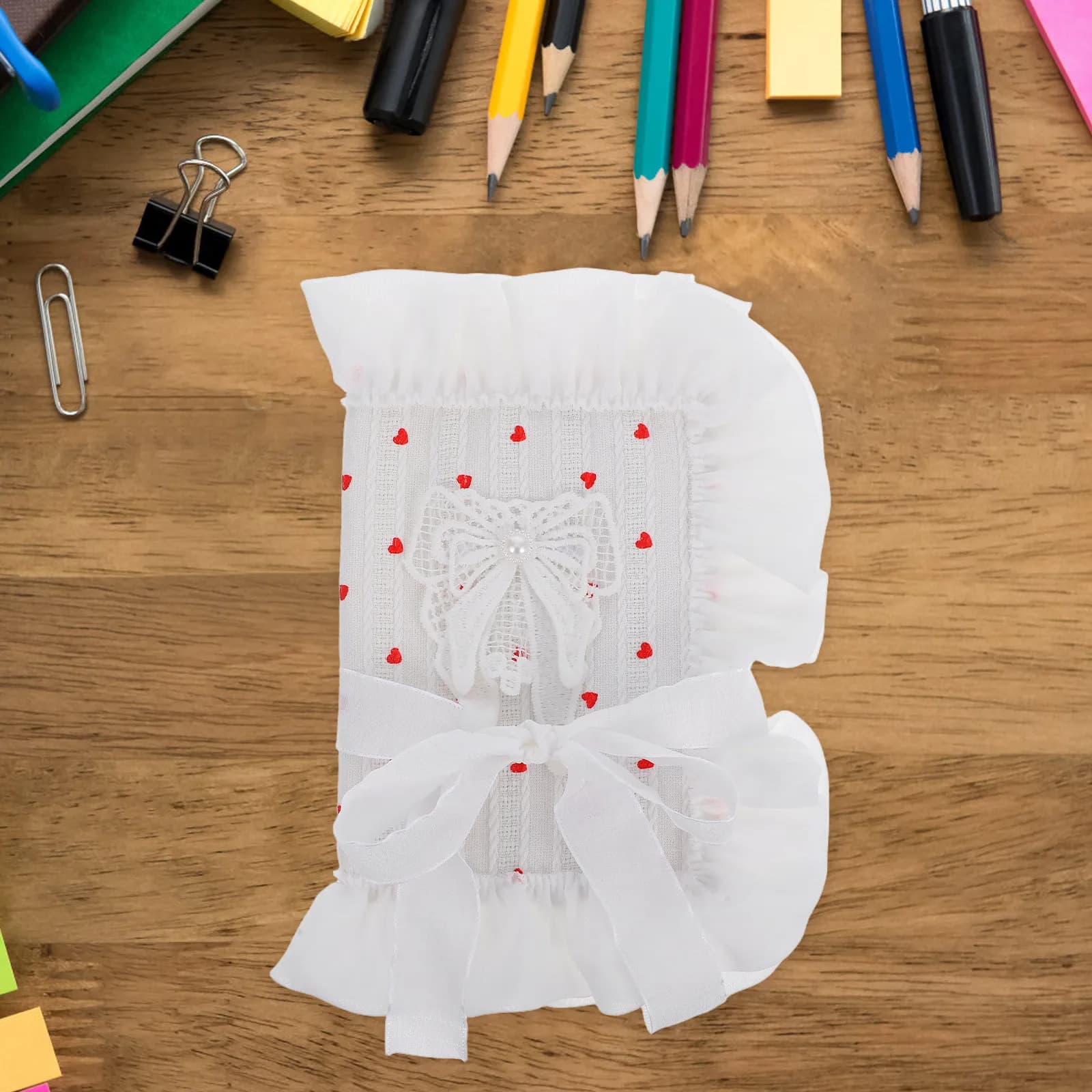 Copertina per Libri in Tessuto Riutilizzabile con Design a Cuore e Fiocco per Quaderni, Agende e Diari, Custodia Morbida e Confortevole in Tessuto