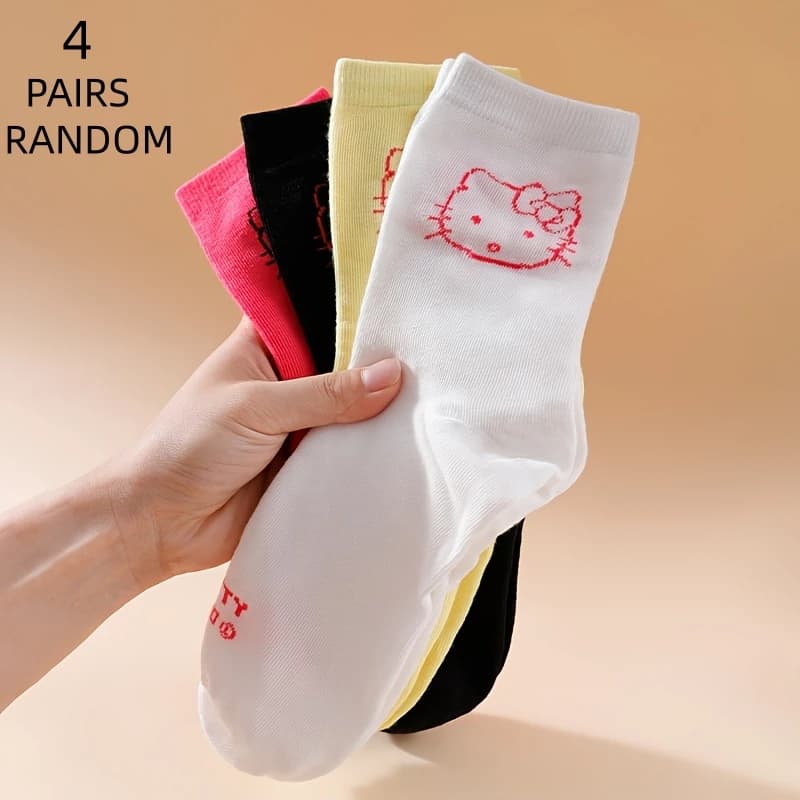 4-Pair Ladies Hello Kitty Cute Cartoon Print Versatile Soft and Comfortable Colorful Daily Casual Girls Letter Middle Socks