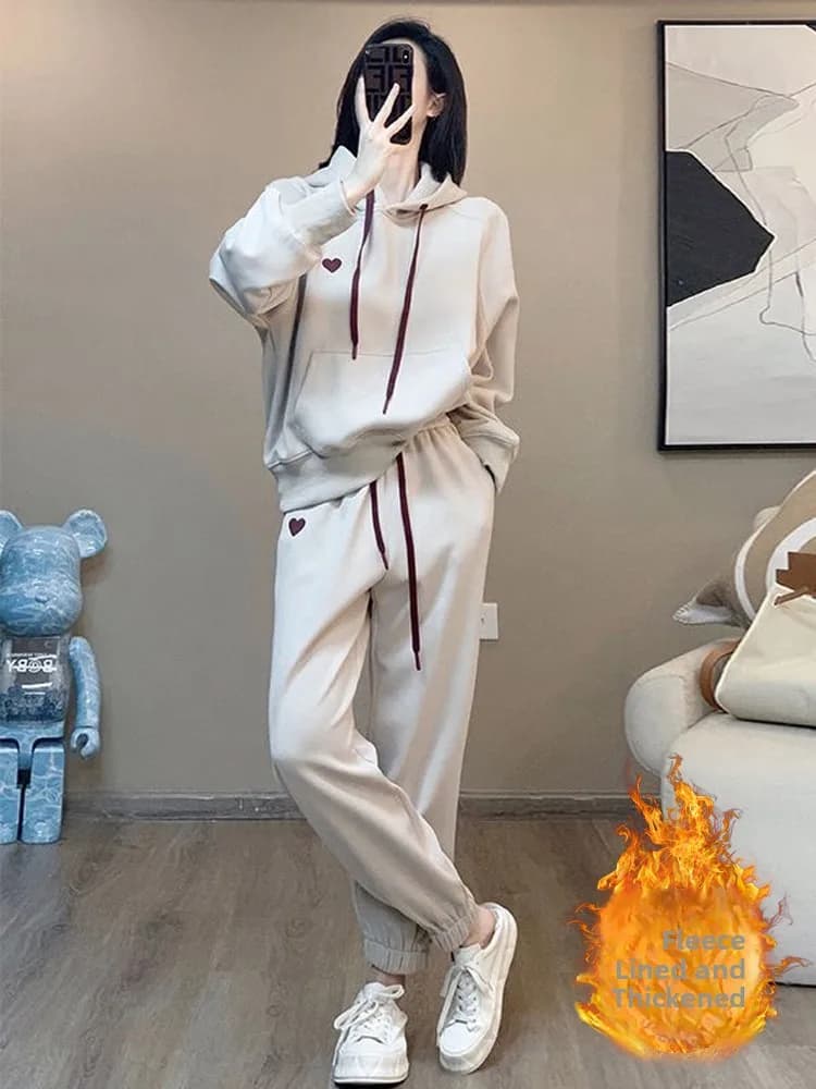Women's Fce Lined Hoodie Set Salt Series Casual Sportswear Long Sve Zipper Pants Two Piece Set Comfortable Breathable