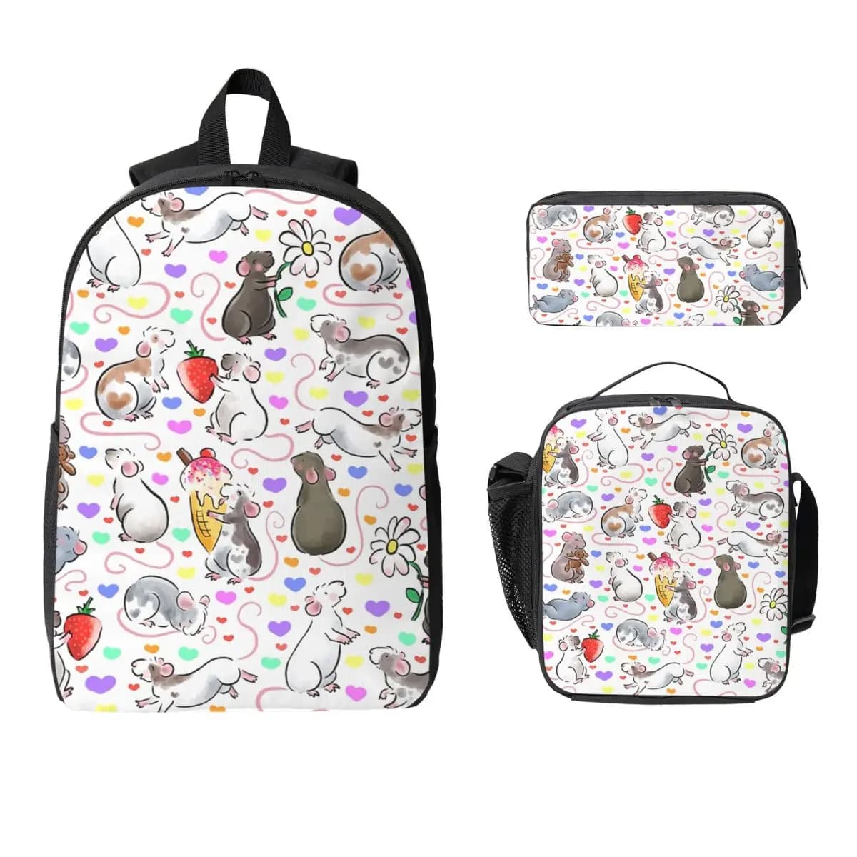I Love Rats Backpack Student Boys Girls BookBag School Bag Laptop Shoulder Bags 3ps Insulated Lunch Bag Pencil Case