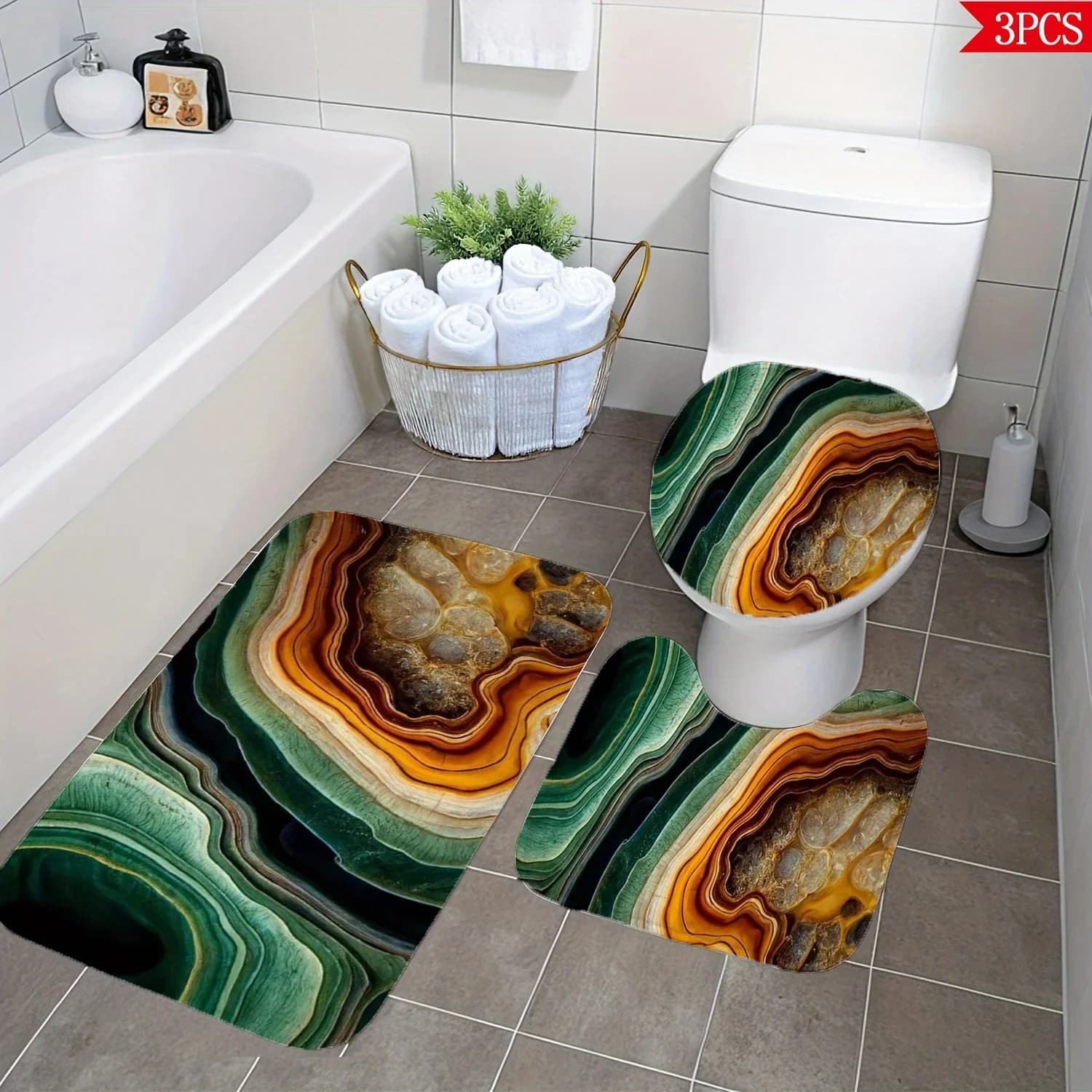 Set da bagno in pietra naturale da 3 pezzi con coperchio del WC e tappetino a forma di U - Design minerale verde/marrone/arancione morbido antiscivolo Washa