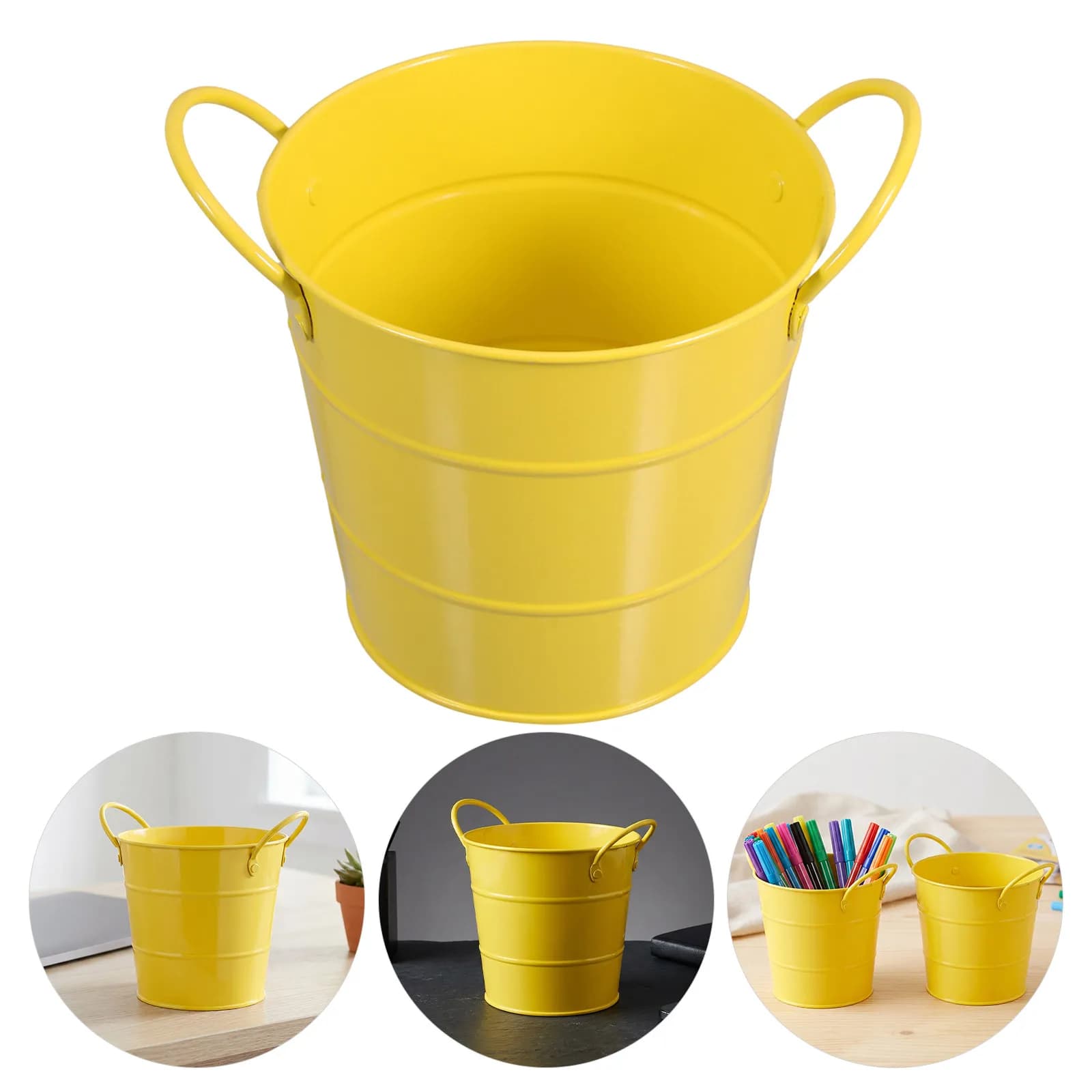 2Pcs Desktop Office Garbage Can Small Metal Trash Bin Yellow Compact Pen Holder Makeup Brush Organizer Mini Waste Paper Basket