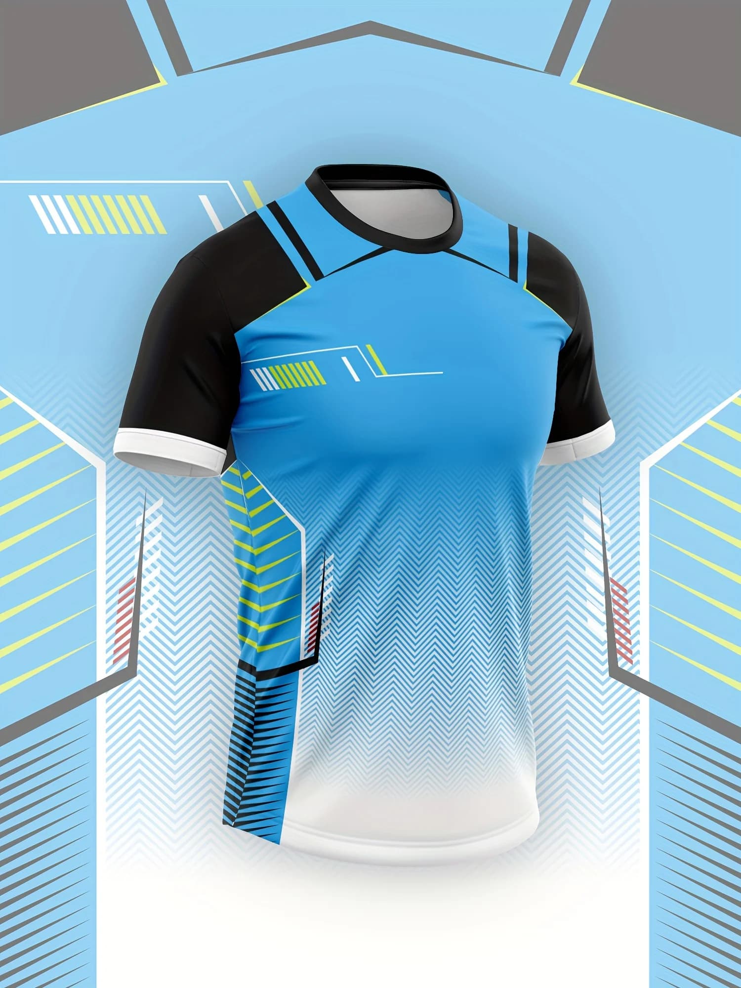 Men High Elastic Quick Dry Sports T-shirt Blue Gradient Geometric Line Print Short Sleeve Running Training Top