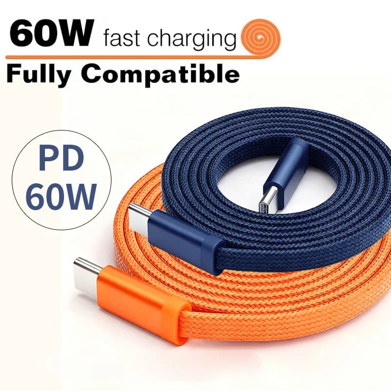 USB C Cable 60W Type C to Type C Flat Fast Charging Cable High-Speed Transfer C Cable for iPhone 17 16 HUAWEI Xiaomi