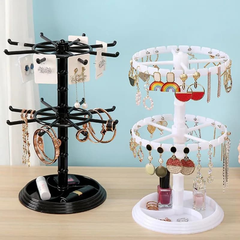 Rotating 2-Tier Jewelry and Keychain Display Stand Plastic Spinner Organizer for Bracelets Earrings Accessories Hanging Rack