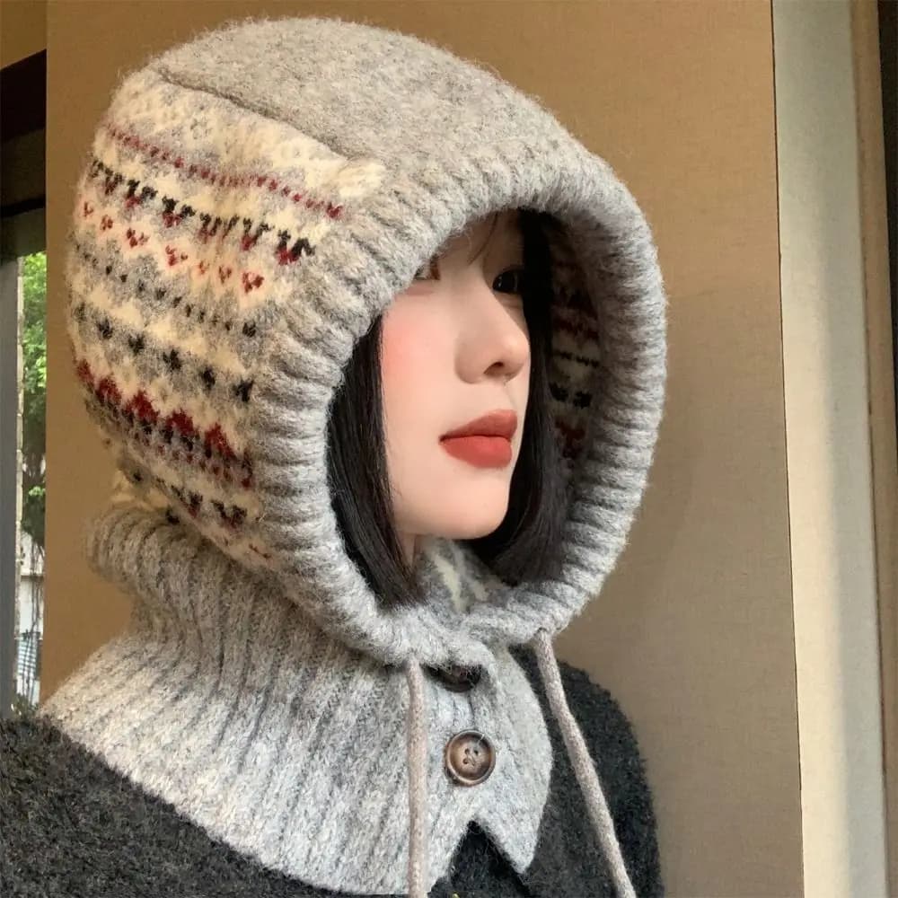 Warm Pullover Hat Jacquard Balaclava Hat Printed Red Ear Protection Hat Beanie Simple Fair Isle Style Knitted Hat Streetwear