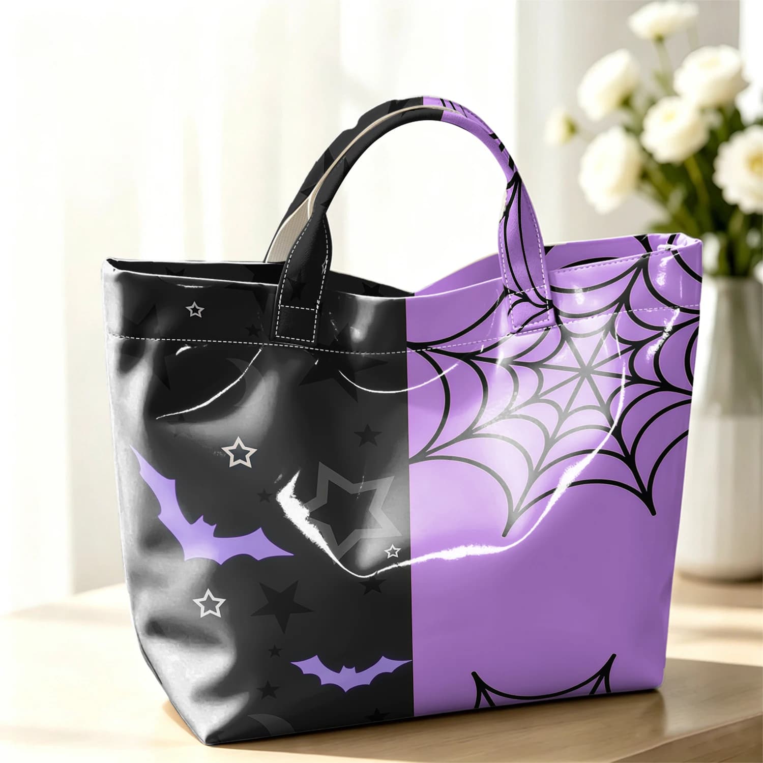 Bat Web Cute Large Glossy PVC Tote Bag Hand Washable Lightweight Soft Great for Travel Commute Makeup Storage Handbags