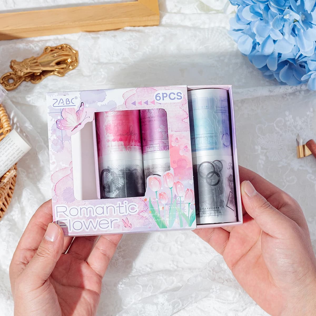 Watercolor Floral Print Matte PET Tape Kit Vintage Text Decorative Tape for Girls Scrapbooking Journaling Handmade Craft Gift