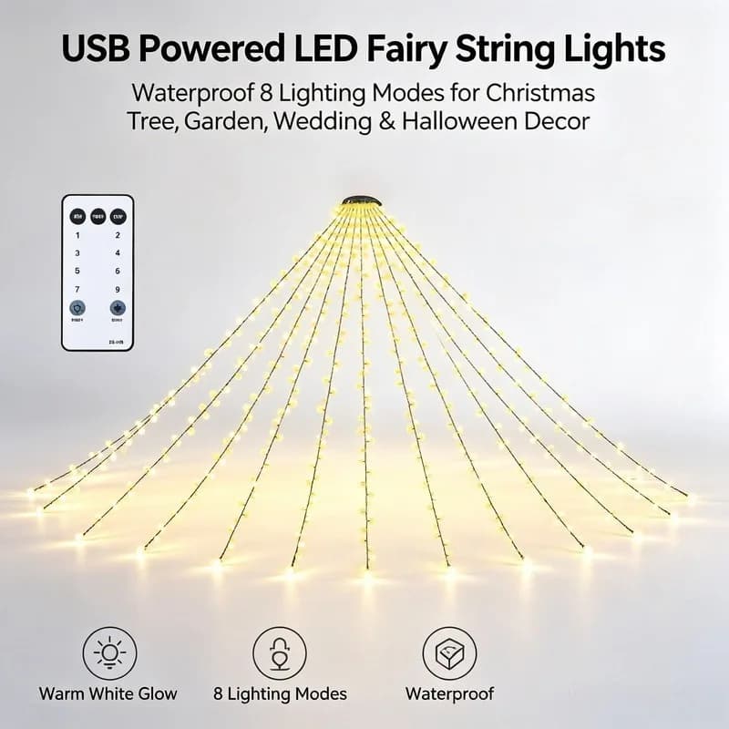 USB LED Fairy String Lights, Waterproof Christmas Tree Lights with 8 Lighting Modes for Garden Wedding Decor