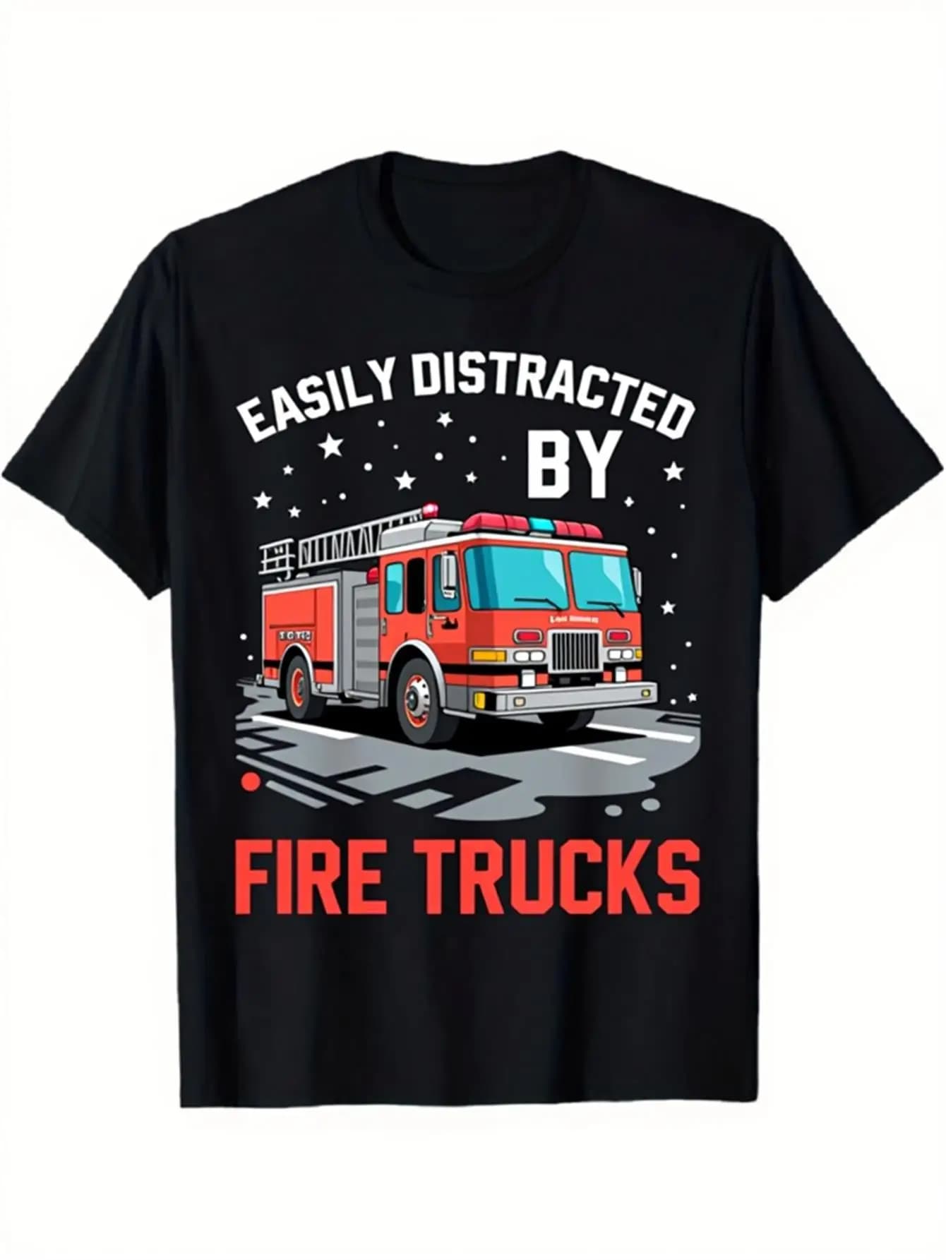 Funny Men's Black Graphic T-Shirt Fire Truck Easily Distracted by Fire Trucks Bold Letter Print Stars Road Illustration 100% Cotton Heavyweight Short Sleeve Casual Streetwear Tee