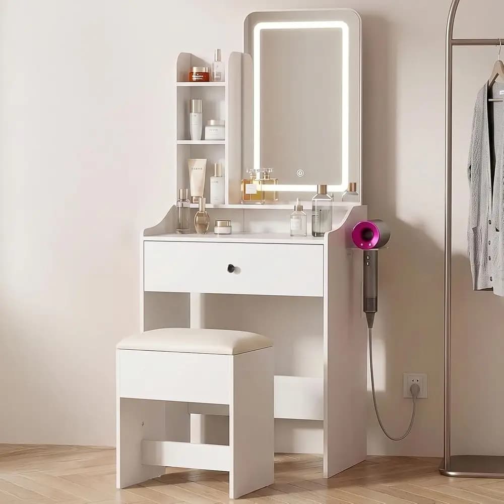 Small Vanity Desk with LED Light Mirror and Storaench, White | Small Vanity with Power Outlets and Hair Dryer Holder, Dring Tale