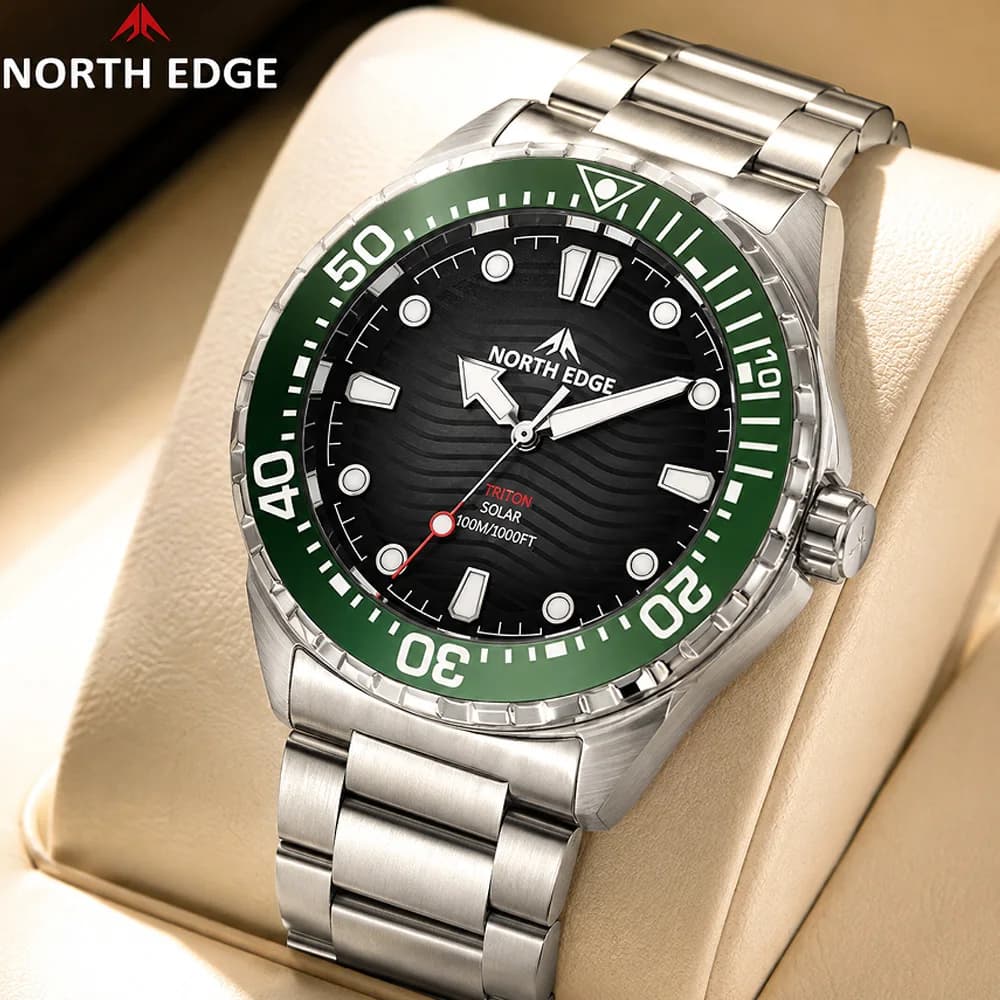 2026 NEW NORTH EDGE TRITON Men Solar Quartz Dive Watch 300M Waterproof Luminous Hands 180‑Day Battery Outdoor Sport Wristwatch