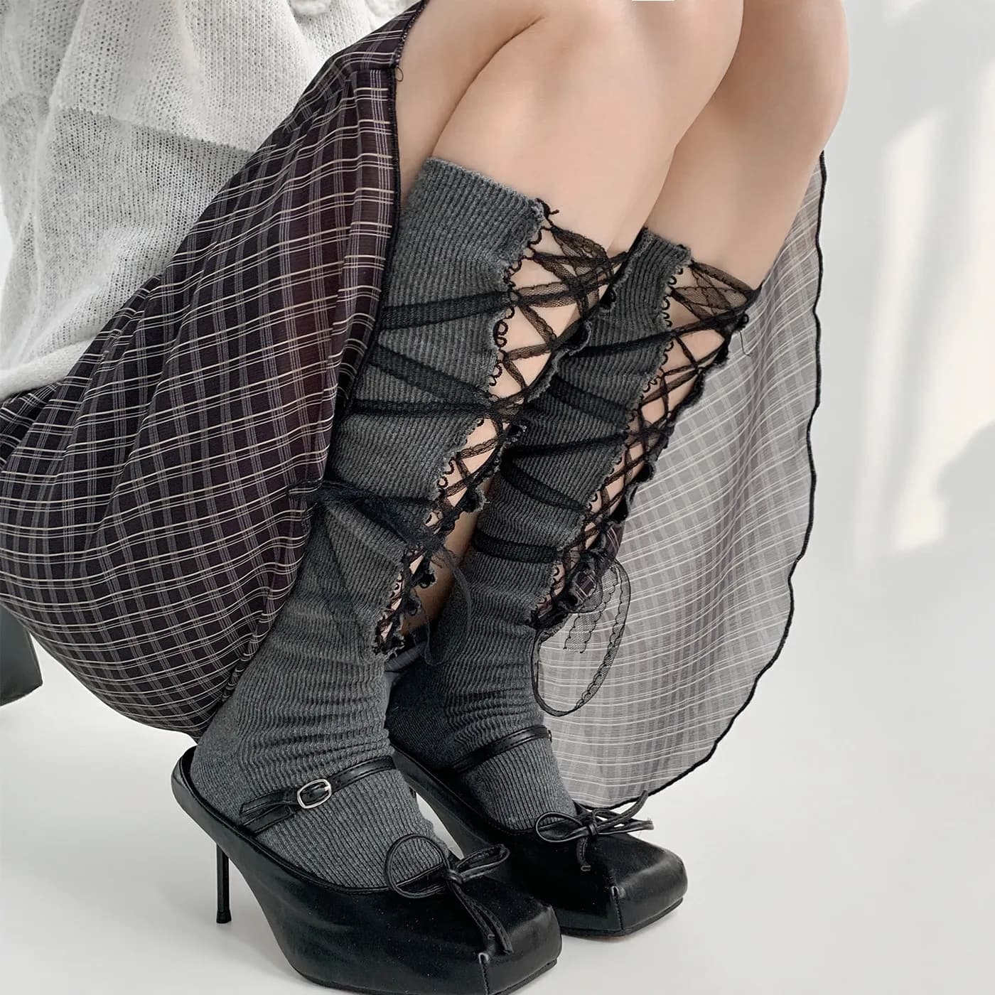 Spring Women's Lace Strap Gray Pile Socks Cute Gray Style Trendy Girls Calf Socks Kawaii Japanese JK Harajuku Y2K Calf Cover
