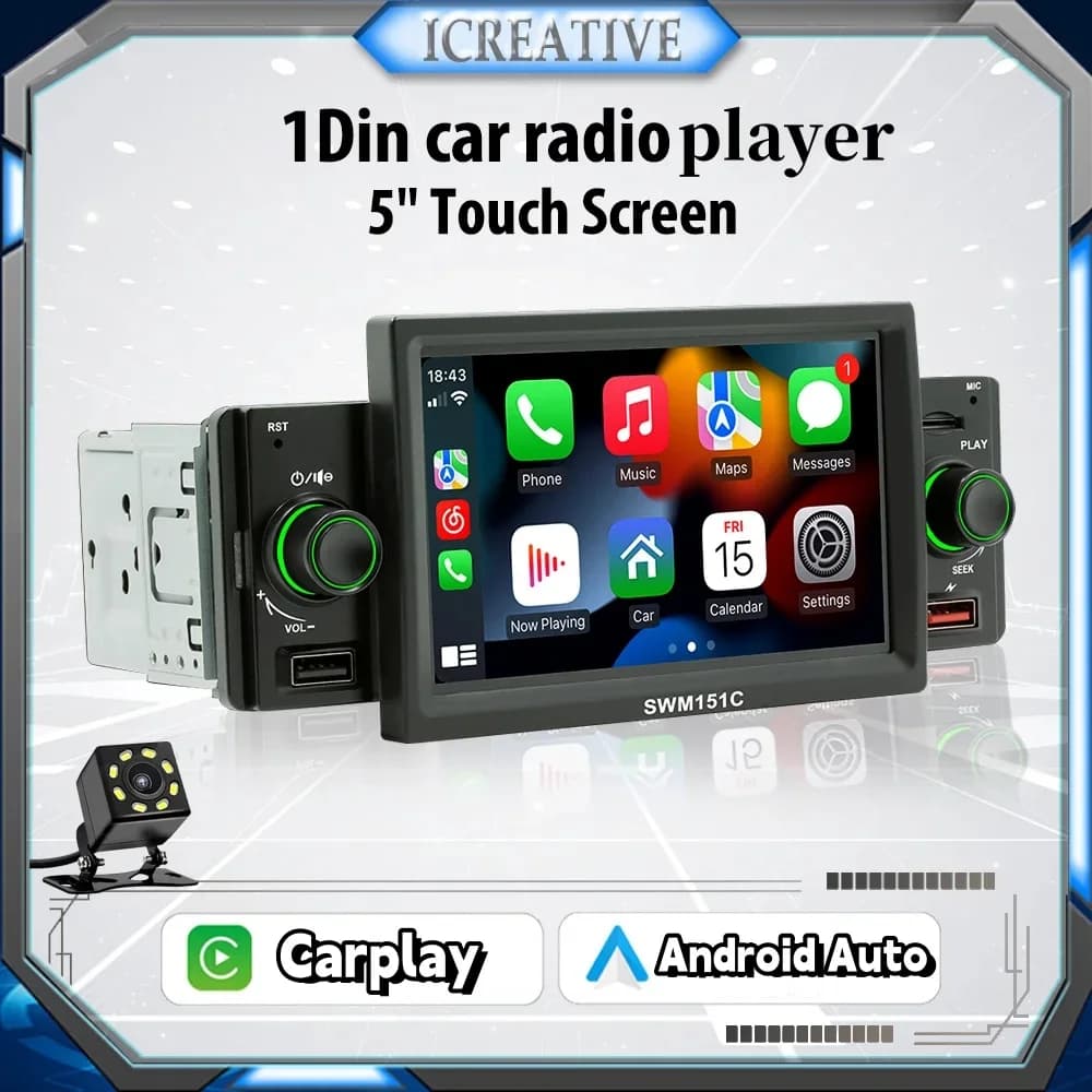 1Din autoradio Multimedia Carplay e Android Auto Player Mirrorlink Display navigazione 5 ''Touch Screen Autoaudio FM ingresso camma posteriore