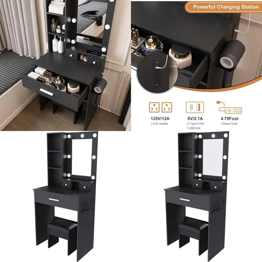 Compact black toe table with mirror, LED lights, socket, hairdryer and stool