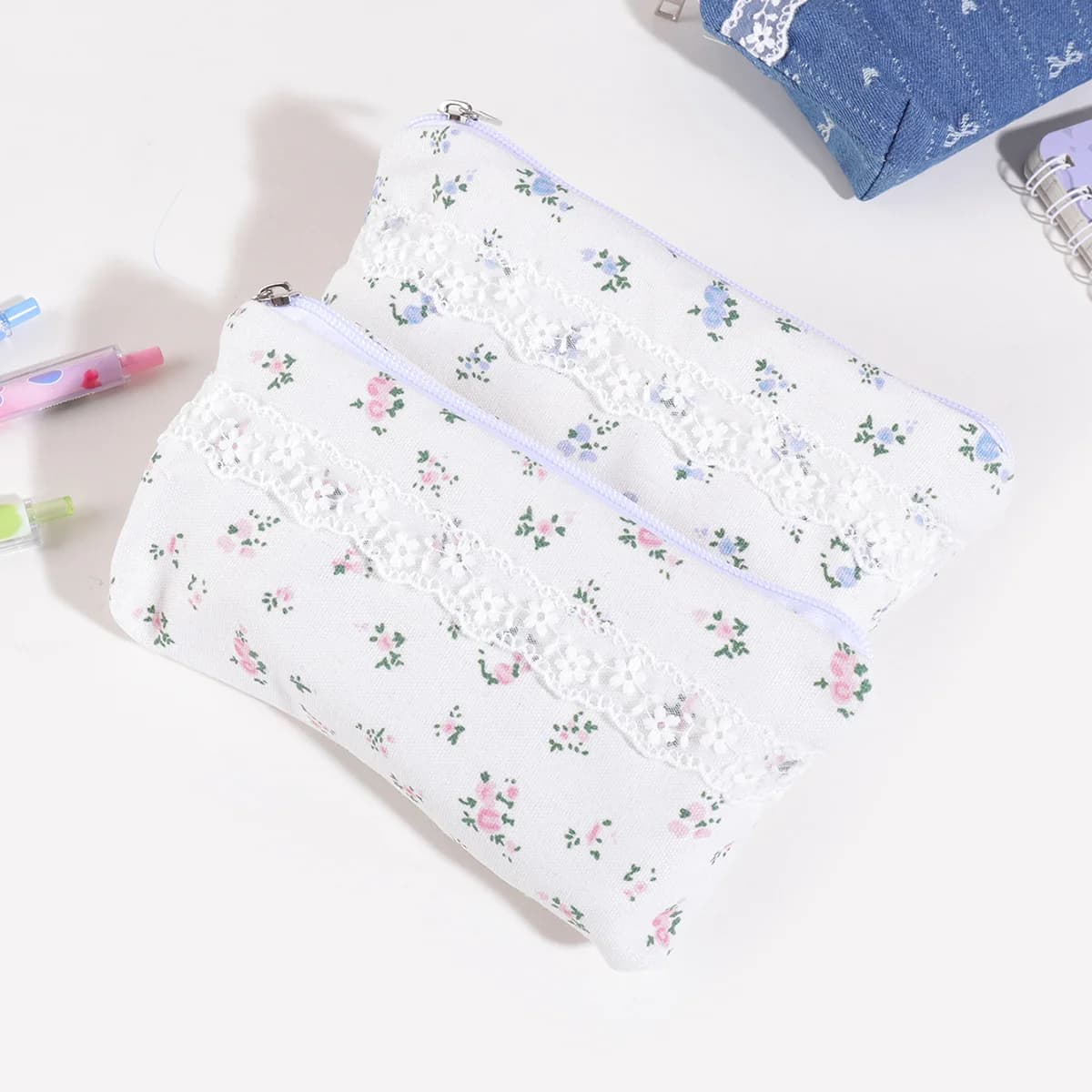 Astuccio portapenne con fiocco e motivo floreale, design con cerniera, grande capacità, borsa portapenne portatile, organizer per cancelleria, per studenti, per il ritorno a scuola