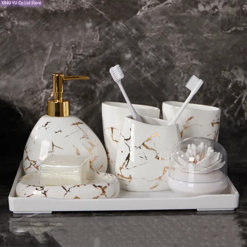 Forniture per il bagno con struttura in marmo bianco Dispenser per dentifricio porta spazzolino scatola per tampone di cotone accessori per la decorazione del bagno