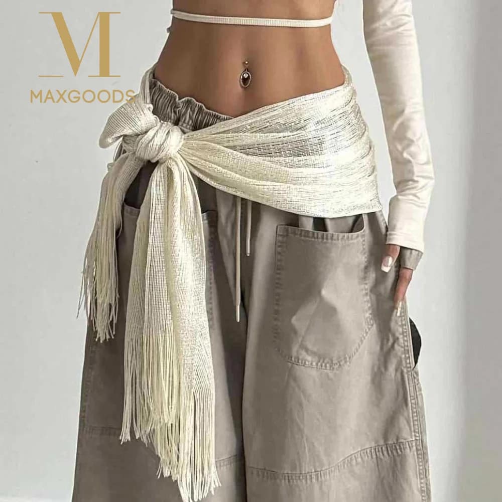 New Long Flowy Fringe Tassel Fabric Scarf Harajuku Solid Color Dance Accessories Y2K Streetwear Butt Curtain