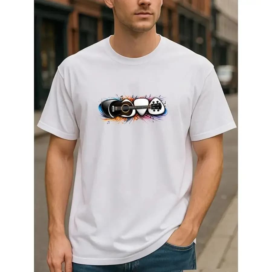 【Nuovo arrivo】T-shirt grafica da uomo con motivo chitarra, maglietta casual a maniche corte con grafica musicale colorata