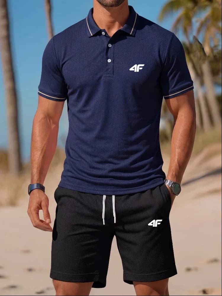 Set di polo e pantaloncini da uomo di alta moda con stampa, a maniche corte, comodi e casual, con colletto a risvolto, perfetti per l'estate.