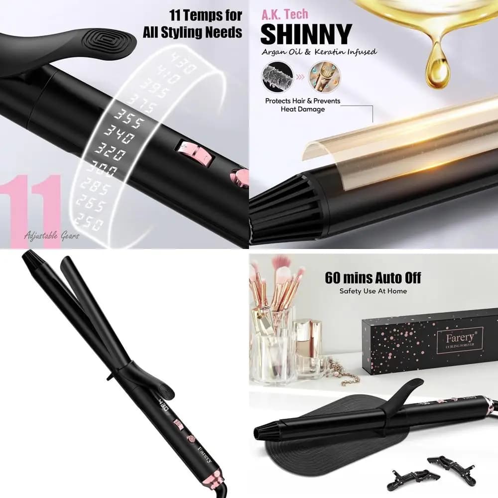 1 inch ceramic curling iron with argan oil and keratin for thin hair, adjustable heat, long-lasting curls, includes clip and bearing