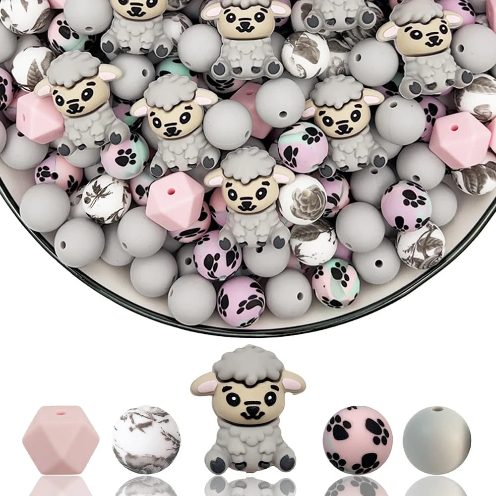 Set di perline in silicone a forma di pecora grigia da 33 pezzi, perfetto per lavori artigianali fai-da-te come portachiavi, collane, braccialetti, ecc.