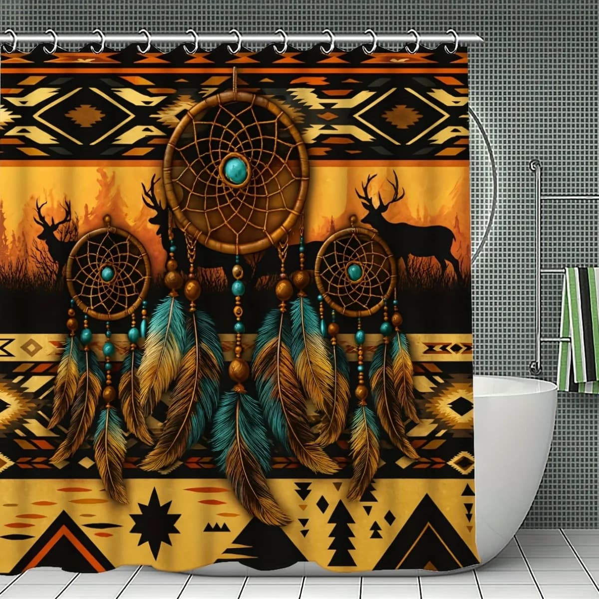 Boho Tribal Dreamcatcher Shower Curtain - Deer Silhouette, Feather & Geometric Print, Native American Style Bathroom Decor
