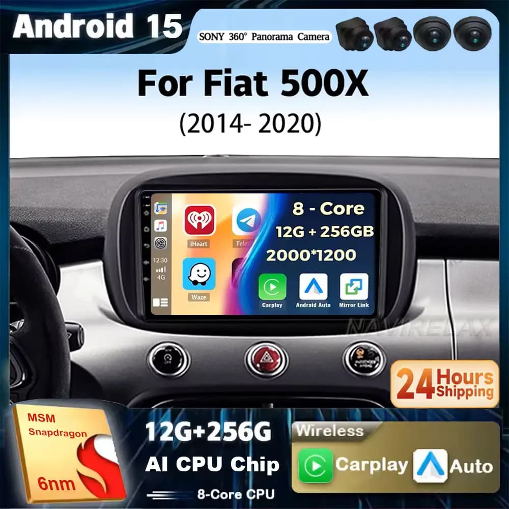 Android 15 For Fiat 500X 2014 - 2020 2K QLED Android Auto Radio Video player Multimedia GPS AI Voice CarPlay 4G Stereo