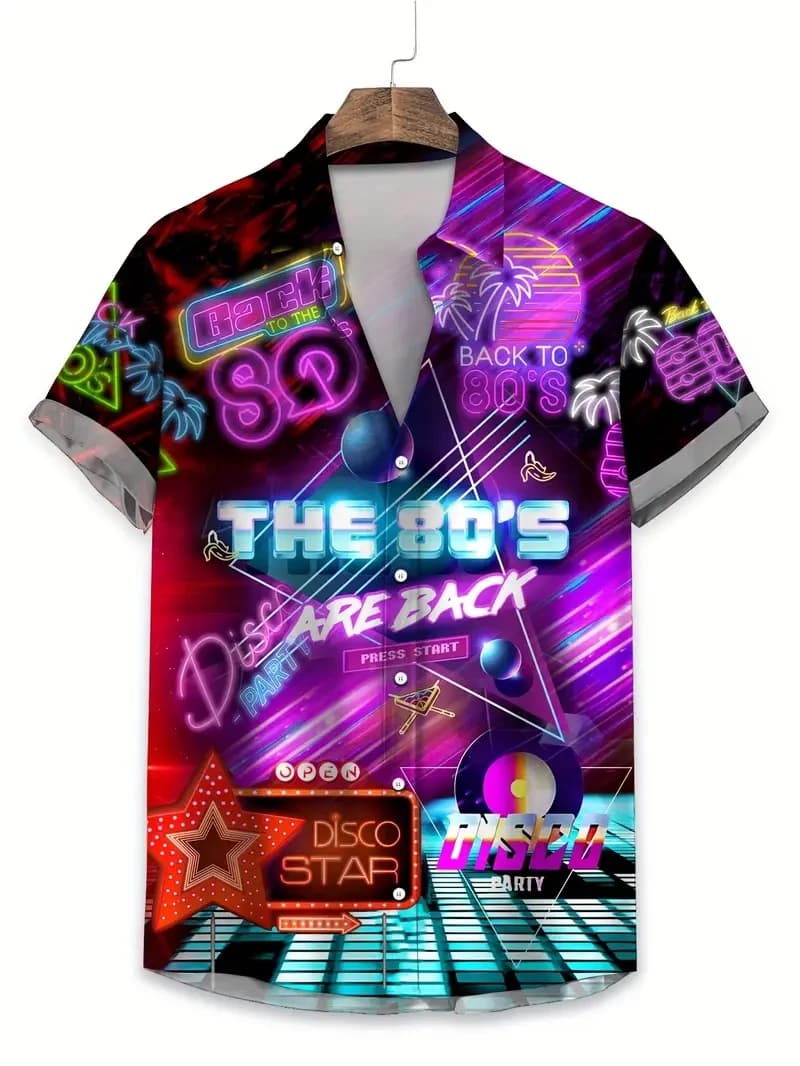 Camicie hawaiane con musica colorata stampata in 3D per uomo Cool anni '80 anni '90 Modelli Camicetta Vacanza estiva Maniche corte Top Camicie Aloha