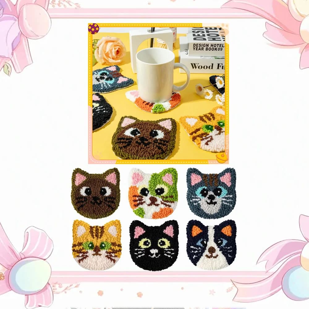 Punch Needle Coasters Kit For Beginner 6pcs Cat Cup Mat Punch Needle Kits Coaster Set Kitchen Drink with Adhesive Cup Coasters