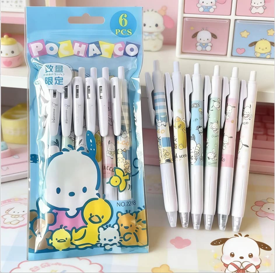 Confezione da 6 Penne Gel Retrattili Kawaii Sanrio Pochacco per Scrittura e Accessori da Ufficio