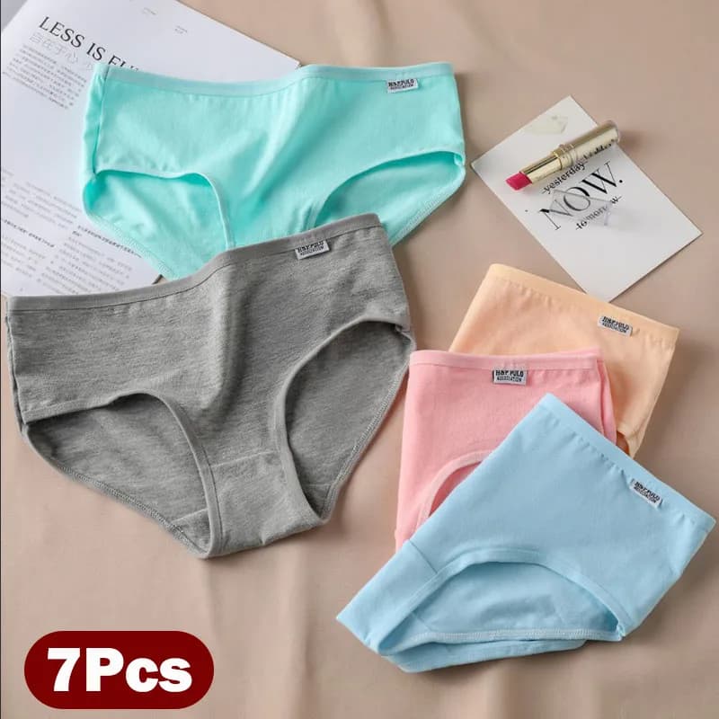 7Pcs Women's Underwear Girls Cotton Panties Sexy Briefs Breathable Soft Lingerie Female Cute Solid Color Underpants Plus Size