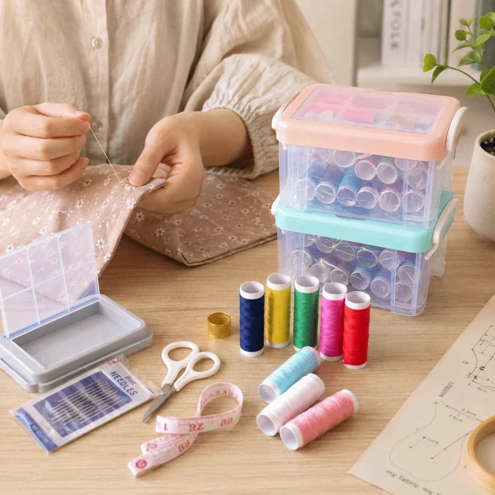 18pcs Space Saving DIY Sewing Tool Kit Three-Layer Portable Sewing Kit Box Large Capacity Needle Thread Box Cross Stitching