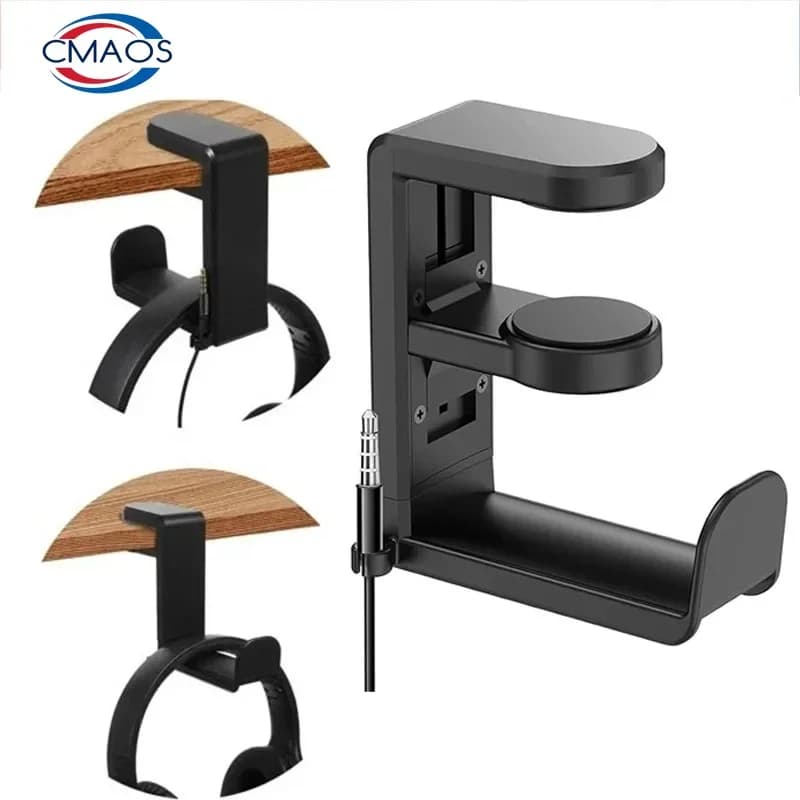 Universal Under Desk Headphone Stand 360° Rotating Clip-on Supports Earphones Display Rack Gaming Headset Hanger Hook Organizer