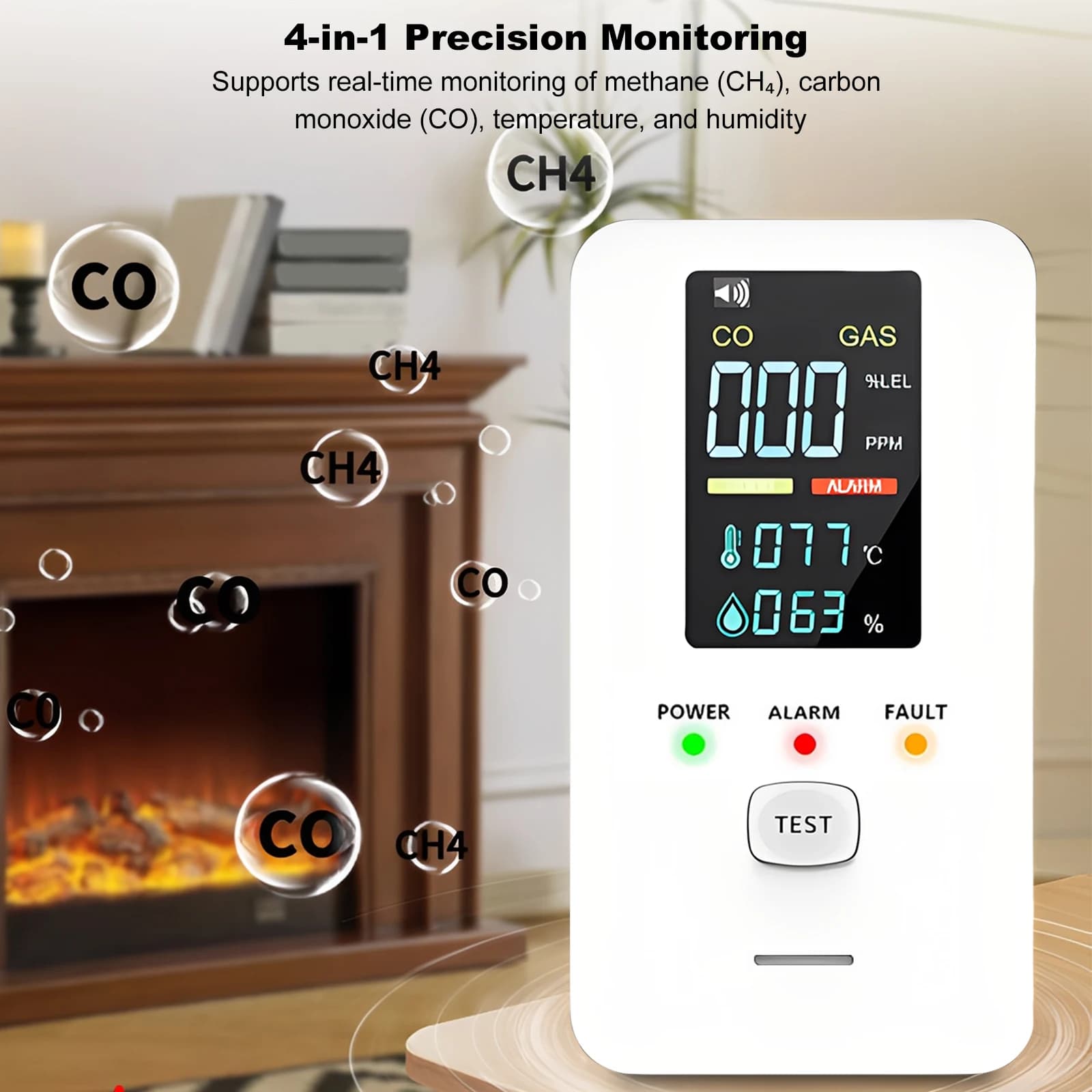 Rilevatore 4-in-1 di Gas e Monossido di Carbonio da Collegare alla Presa con Display LED a Colori, Risposta Rapida per Casa, Cucina, Hotel, Camper, Appartamenti, Viaggi