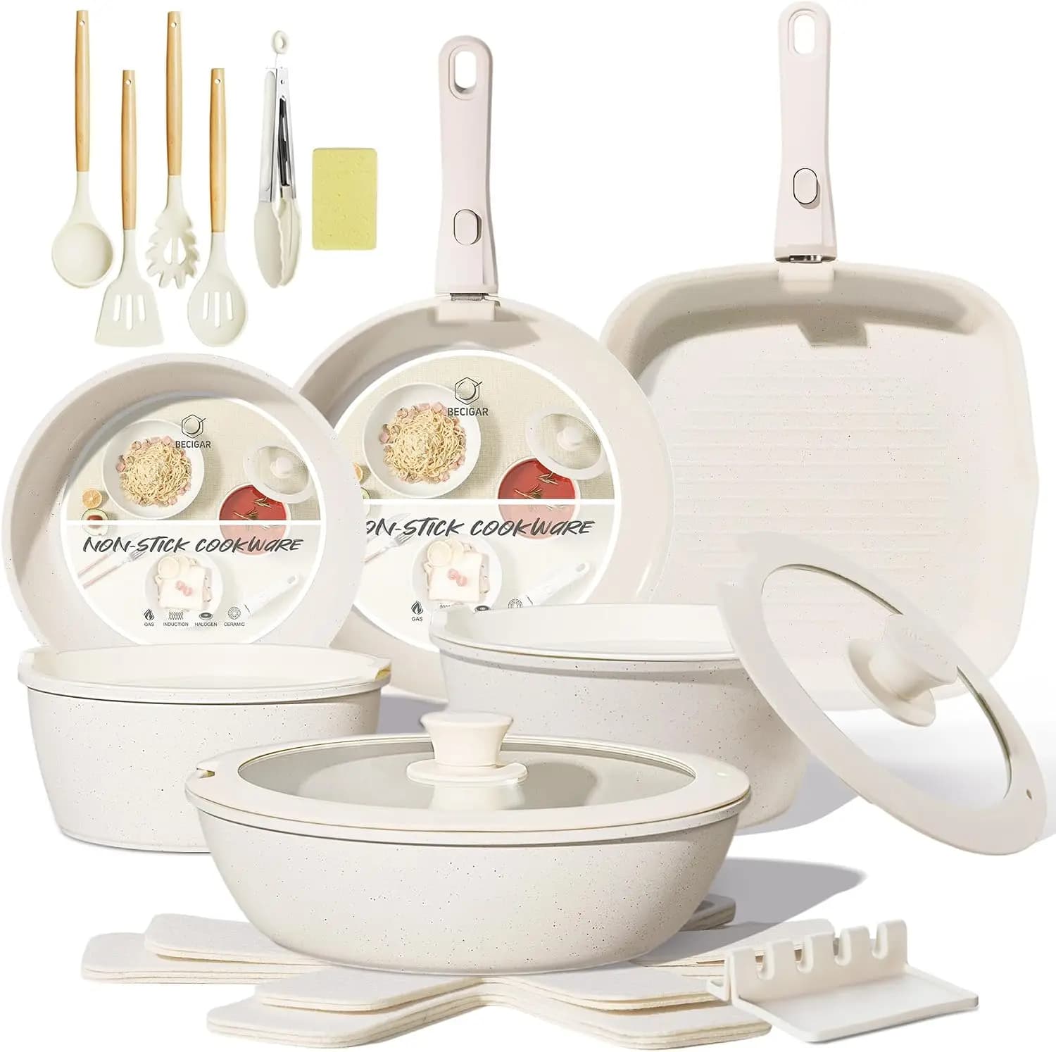 24PCS Ceramic Cookware Set Nonstick Pots Pans Include Frying Pans Saucepans Lids Design Kitchen Camping RV White