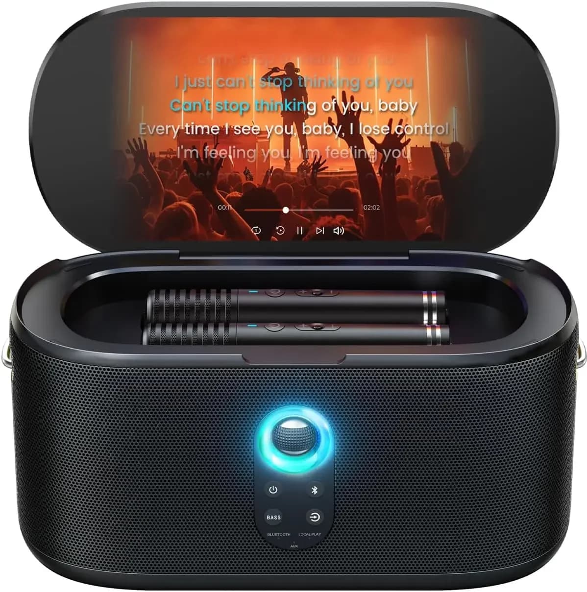 Macchina per Karaoke per Adulti, con Display per Testi, Schermo da 10.1'', 280W, 2+2 Canali, 2 Microfoni Wireless, EQ Autotune, Ricarica Automatica