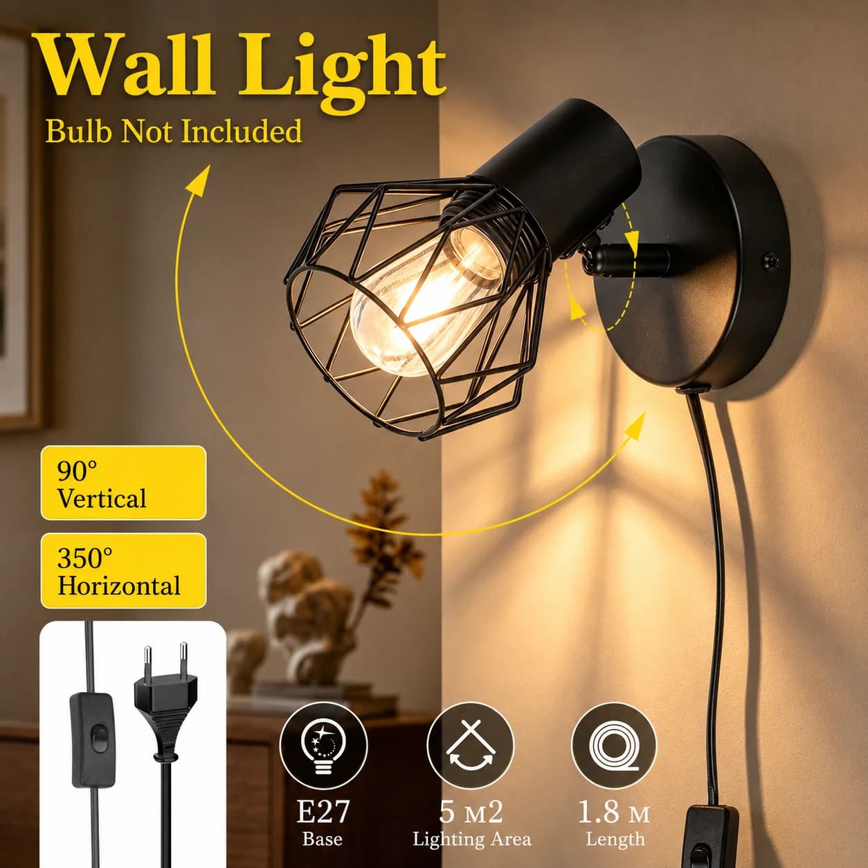 Bedside Wall Lamp Nordic wooden Base E27Led Wall light 180°Rotate Replaceable Light Bulb for Indoor Bedroom Corridor Sconce