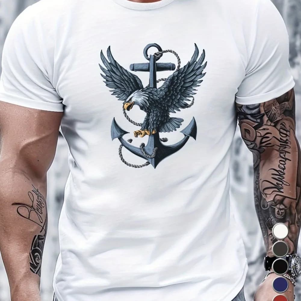 T-shirt da uomo estiva in cotone 100% alla moda, casual, ampia, con stampa di ancora e aquila, girocollo, a maniche corte