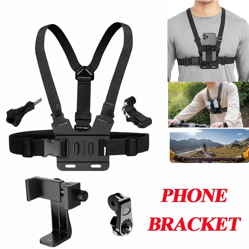 1 set di supporto per clip per telefono regolabile con staffa di fissaggio per fascia toracica per fotocamera sportiva Accessorio per supporto nero per fotocamera per telefono cellulare