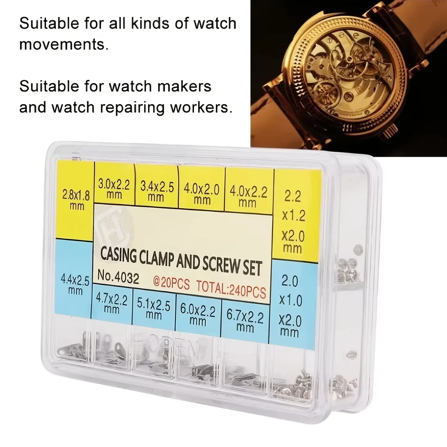 Set di morsetti e viti per involucro dell'orologio di dimensioni assortite da 240 pezzi per riparazioni, manutenzione e restauro di orologi professionali
