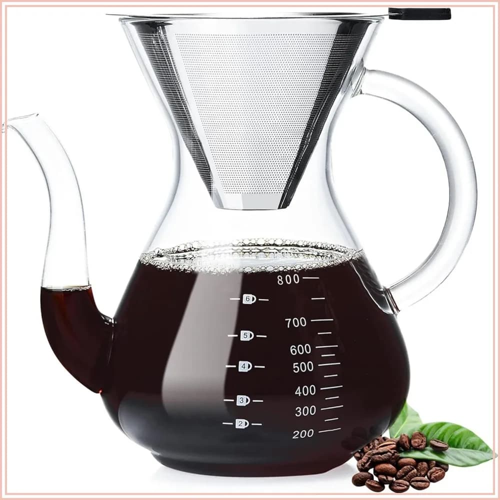 Unbreakable Pour Over Coffee Maker with Double Stainless Filter, 27 fl oz, Heat-Resistant Borosilicate Glass, Stovetop Safe
