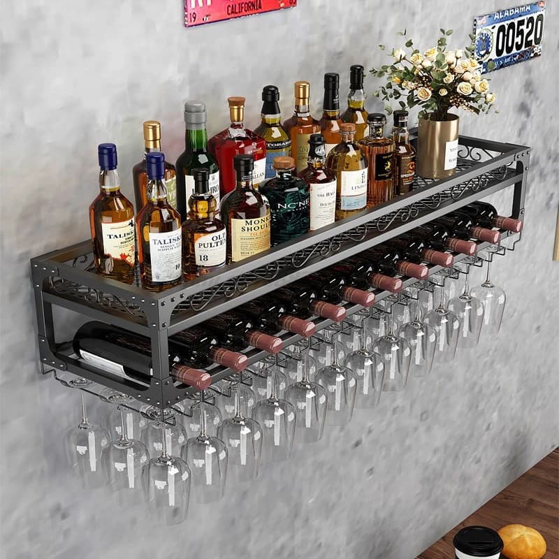 Wall bottle holder with hanging glasses holder, organizer to store flip glasses, creative decorative shelf for restaurant