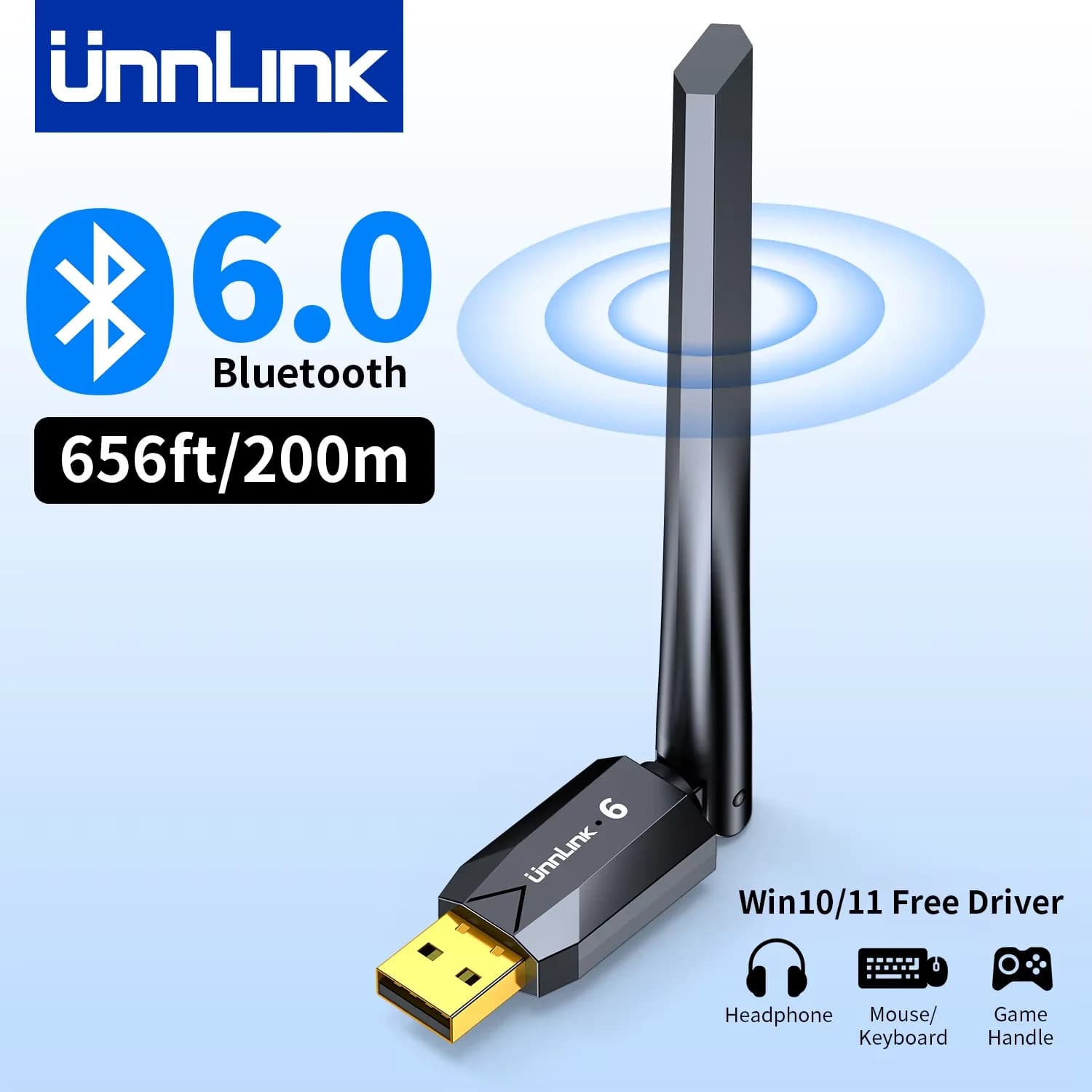 Unnlink Adattatore Bluetooth USB, Dongle Bluetooth 6.0 per PC Windows 10/11, Ricevitore Bluetooth per Mouse Tastiera Cuffie Altoparlante