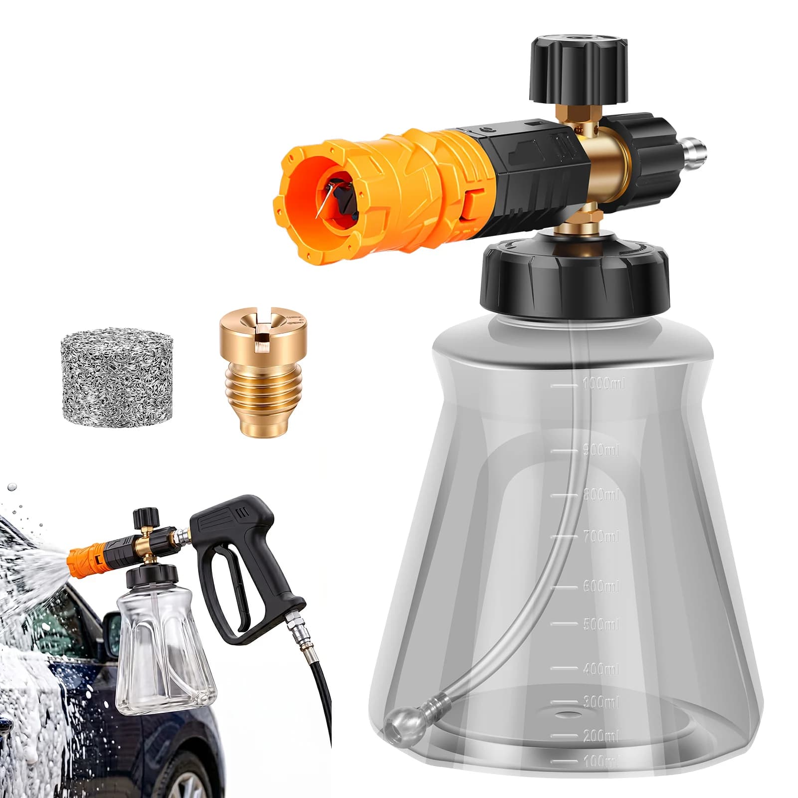 Cannone per schiuma per idropulitrice 1L, lancia schiumogena spessa con dispenser sapone e connettore rapido da M22-14mm a 1/4 di pollice per lavaggio auto