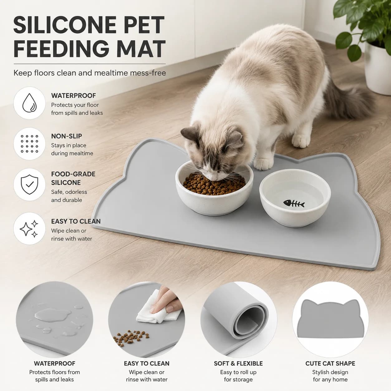 Silicone Carpet for Food Grade Cats, Anti-slip and Waterproof, Easy to Clean, for Bowls and Cats