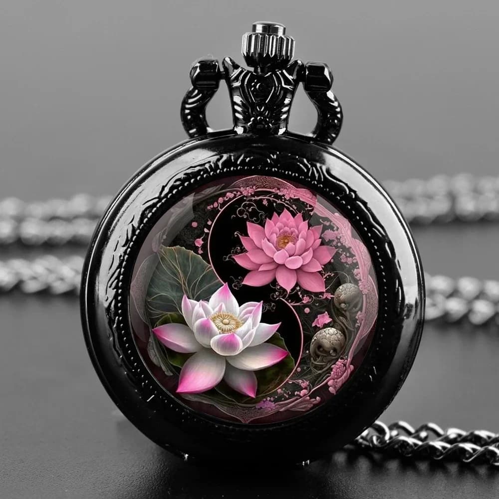 Orologio da Tasca con Fiore di Loto Yin-Yang in Quarzo Nero, Quadrante con Numeri Arabi, Accessorio Gioiello da Donna, Regalo per Anniversario