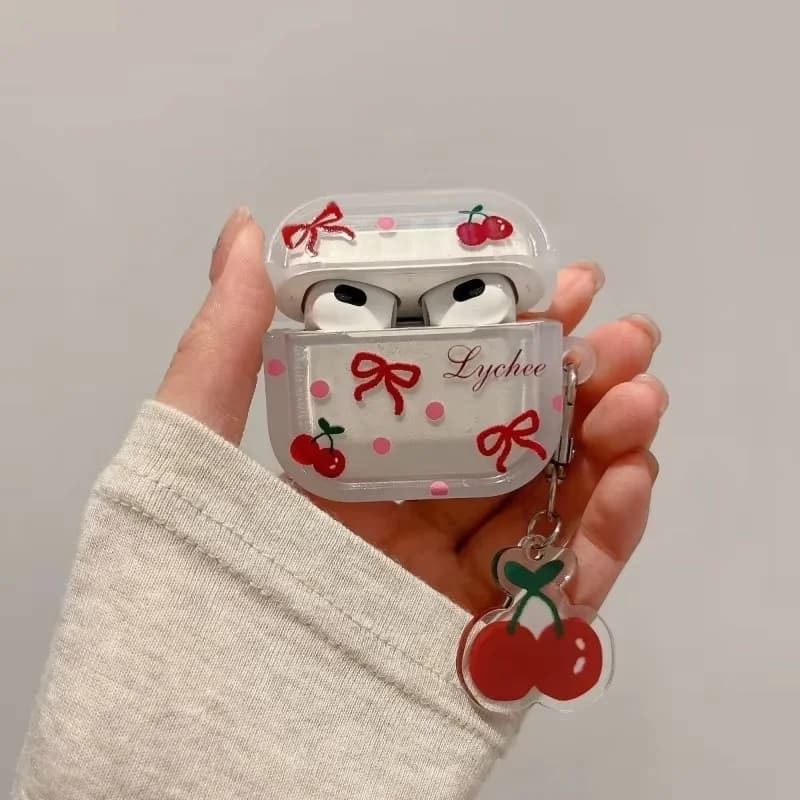 Korean Bow Cherry Earphone Protective Case For AirPods 4th 3th Gen Silicone Shell For Apple Airpods Pro 2 1 With Cherry Pendant