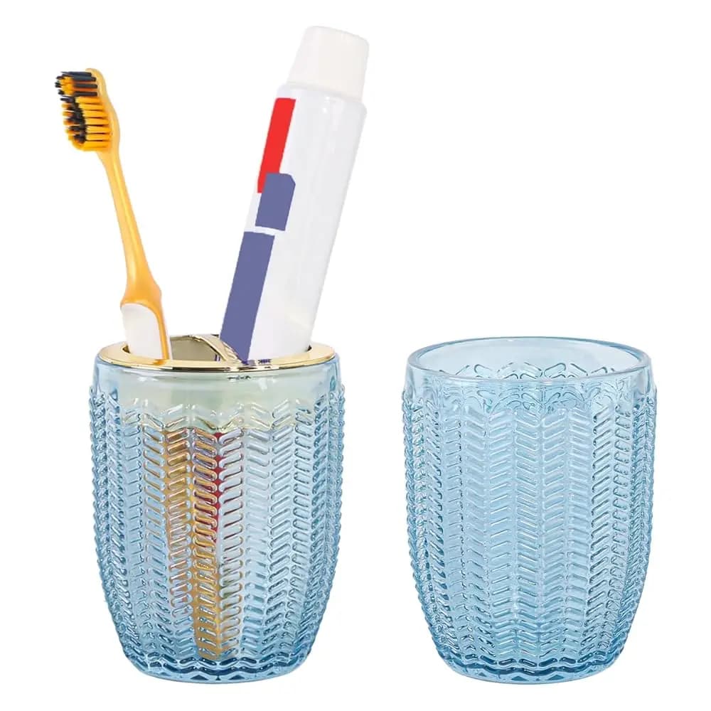 Portaoggetti per Bagno, Portaspazzolino in Vetro Blu con Divisorio Dorato, Bicchiere da Bagno da 10oz e Bicchiere per Collutorio, Bagno