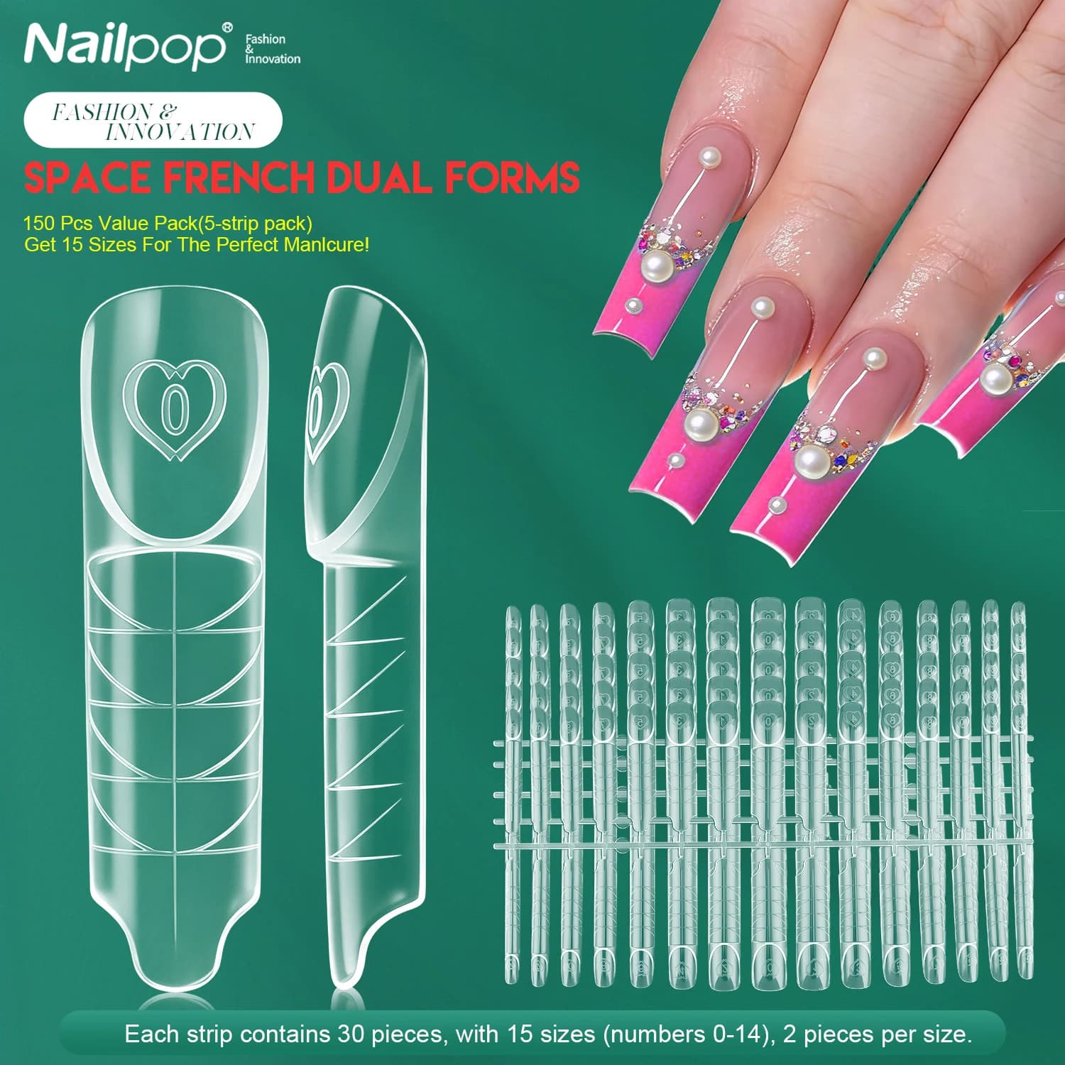 Nailpop Space French Dual Forms 15 Misure 60/150 Pezzi Trasparenti Riutilizzabili per Estensione Unghie Gel French Tip Strumento per Manicure Fai da Te Salone di Bellezza